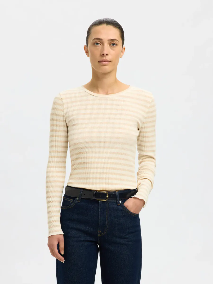 Slfanna Ls Crew Neck Tee Oatmeal w. Snow White