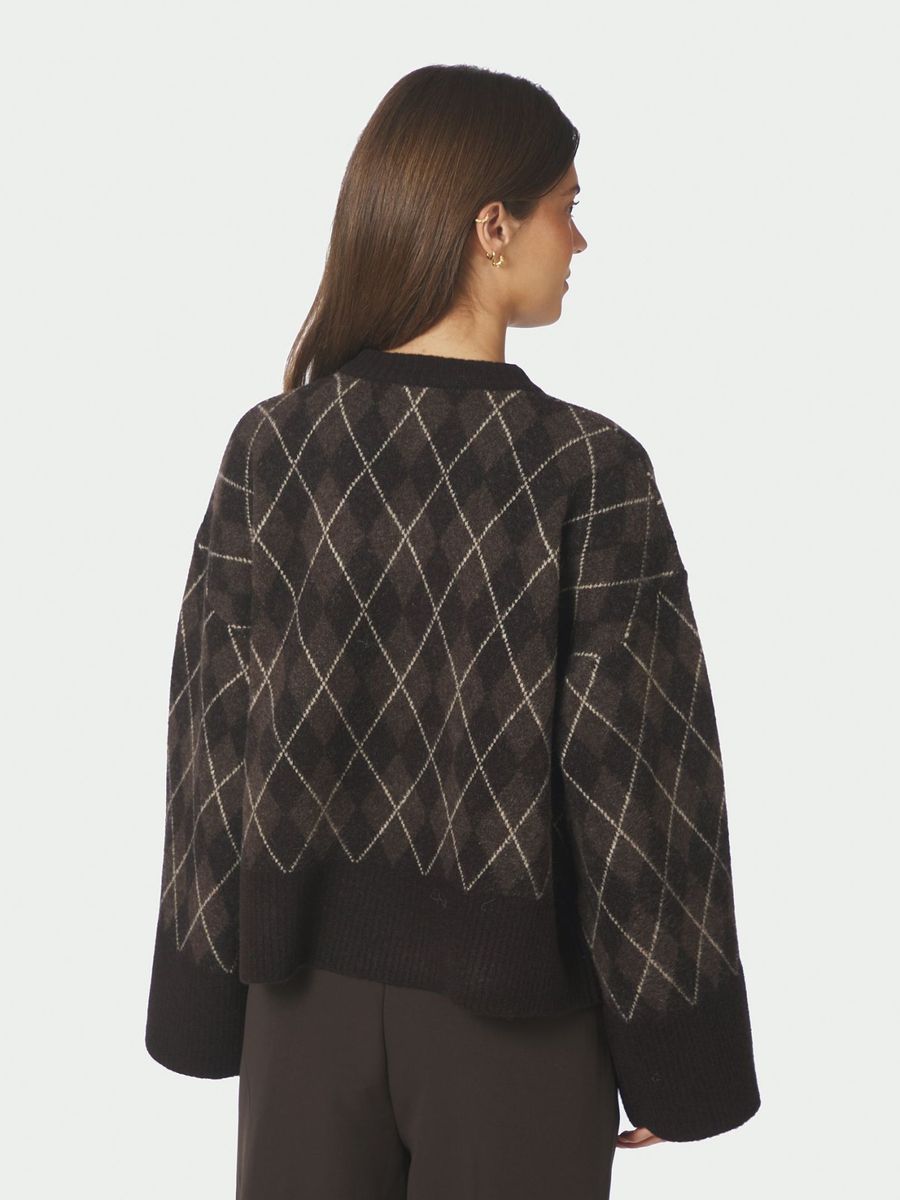 Kick Check Knit Blouse Dark Brown